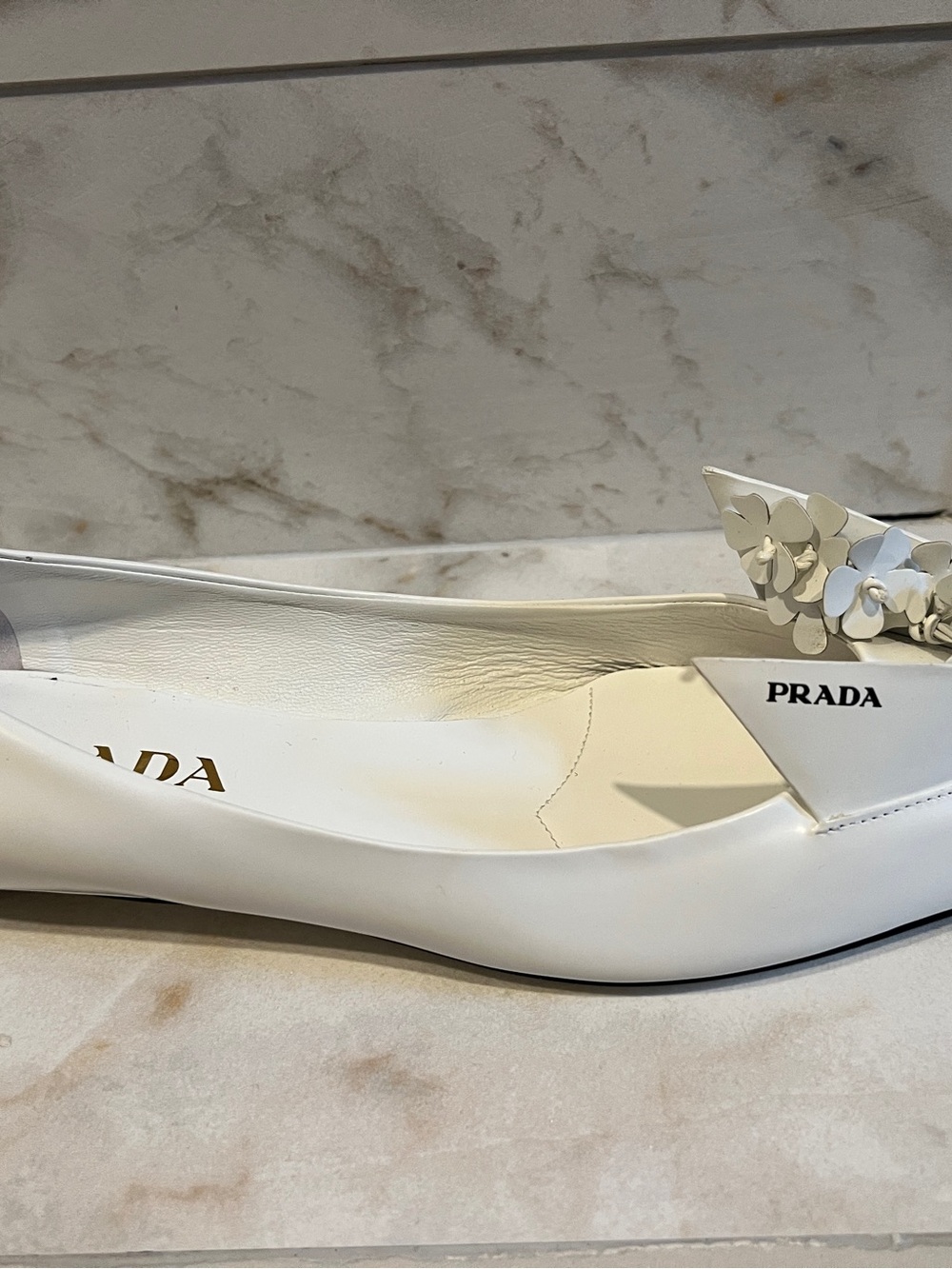 Prada White Leather Floral Applique Pointed Ballet Flat